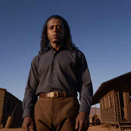 cinematic film still, lifestyle shot
saturated colors,
negative space,
1 adult man,
RDR2Charles, black hair, brown eyes, long hair, dark skin
(breaking bad style), face of Gus Fring, dark complexion, black hair, curly hair, elegant shirt, clean shaven
leading lines, ray tracing,
backdrop is a cowboy camp in 1899, 11am.