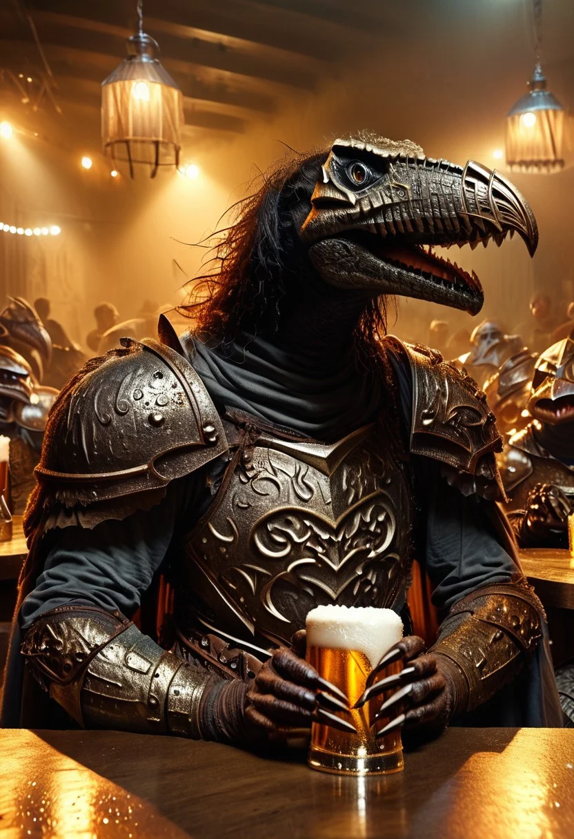 score_9, score_8_up, score_7_up, skeksis, solo, multiple boys, claws, bulky, strong, no humans, (armor, shoulder armor, helmet, holding beer:1.7), dark body, (realistic lighting, photo, photorealistic:1.7), drunk, pub background, sitting on stool, (laughing, open mouth)