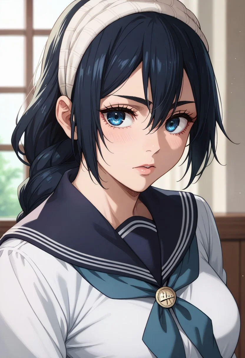 anime artwork, score_9, score_8_up, score_7_up, score_6_up, score_5_up, solo, perfect eyes, detailed eyes, beautiful female, detailed face, dynamics lines, 20 year old, perfect beautiful face, long eyelashes, sharp eyes pupils, (bedroom:1.3), (upper body:1.5), medium breasts, front view,1 girl, riko, black hair, braid, blue eyes, headband, school uniform, white serafuku,