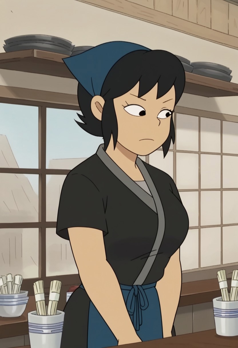 score_9, score_8_up, score_7_up, source_anime, anime screencap,  kazumi watanabe, 1girl, solo, black hair, short hair, black eyes,large breasts, apron, japanese clothes, kimono, black shirt, shirt,head scarf,short sleeves, indoor,