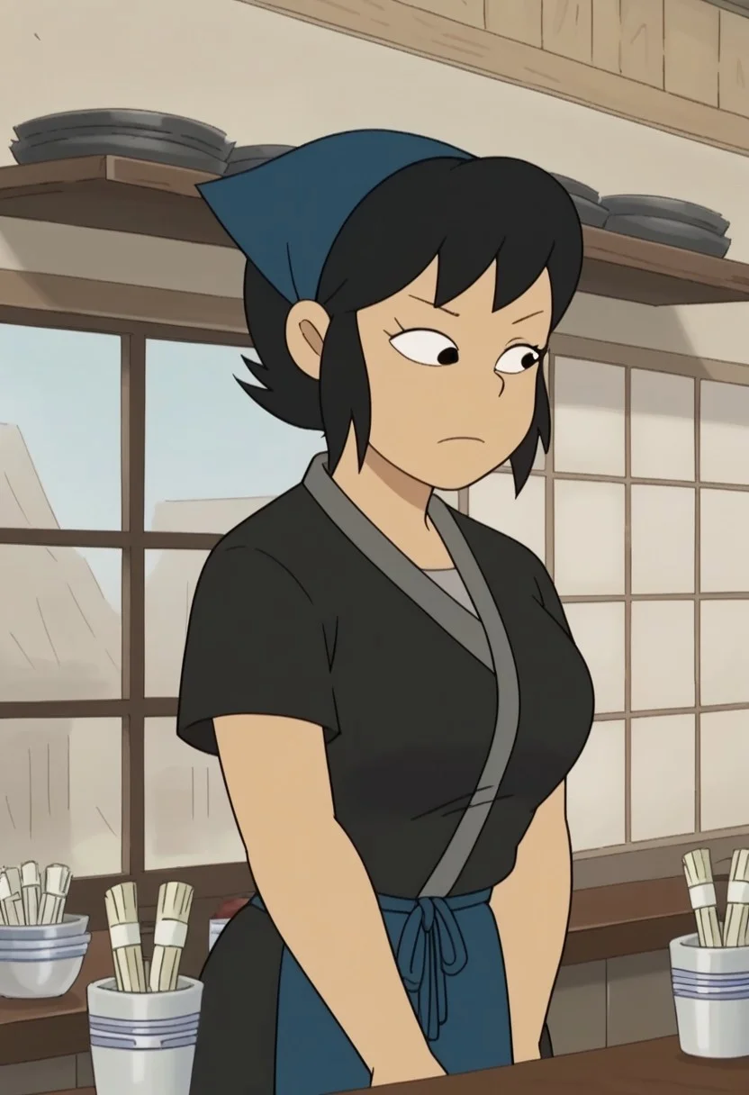 score_9, score_8_up, score_7_up, source_anime, anime screencap, kazumi watanabe, 1girl, solo, black hair, short hair, black eyes,large breasts, apron, japanese clothes, kimono, black shirt, shirt,head scarf,short sleeves, indoor,