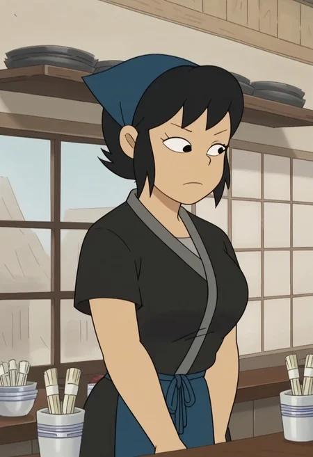 score_9, score_8_up, score_7_up, source_anime, anime screencap,  kazumi watanabe, 1girl, solo, black hair, short hair, black eyes,large breasts, apron, japanese clothes, kimono, black shirt, shirt,head scarf,short sleeves, indoor,