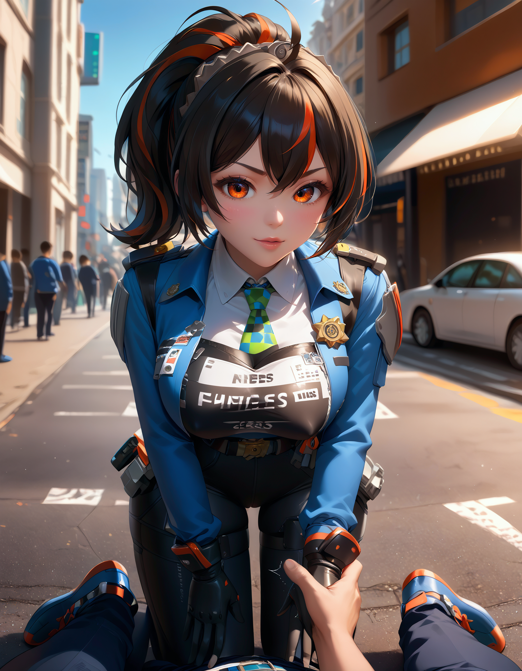 Score_9, score_8_up, score_7_up, masterpiece, best quality, 4k, anime, (source_anime:1.3), zPDXL3, detailxl, ffacedetailxl, perfection style, perfection, perfect, perfect lighting, is pretty, absurdres, female is (Curvy body:1.1) and (sagging breasts:0.3), hyperdetailed face, hyperdetailed eyes, hyperdetailed hair, hyperdetailed, detailed, pretty face, pretty,  glistening shiny,
BREAK (<lora:zhu-yuan-ponyxl-lora-nochekaiser:1> (zhu yuan:1.3), black hair, (large breast:1.3), big butt, orange eyes, black hair, red hair, multicolored hair, streaked hair, long hair, ponytail, ahoge, hair between eyes, confident:1), (blue jacket, police, policewoman, police uniform, high-waist pants with robotic guards, shoulder guards, front belt with star-shaped symbol, checkered necktie, black gloves, police badge, uniform, black shoes, wrist guards, white shirt, long sleeves, police theme, blue footwear:1),
BREAK  (1girl,solo:1.2),(portrait:1.8), (breasts focus:1.3), (girl's arms relaxed and hanging down at sides:1.8), (POV hands, hands:1.8), <lora:grabbing breasts_pony_V1.0:0.8> (grabbing another's breasts:1.4),(grabbing breasts:1.2), <lora:BouncingBreasts-XL-V1:0.8> (bouncing breasts:1.3), (breasts in motion:1.2), (motion blur:1.1), ( motion lines, speed lines:1.2), swinging breasts,Unaligned breasts, body language of an orgasm, orgasm facial features, trembling hearts, female orgasm, shaking from orgasm, vulgarity, obscenity, erotic cheating \(relationship\), <lora:nobra_SDXL:0.5> (covered nipples:1), (erect nipples under clothing:1),, (assertive:1),(half-smile:0.5), strong hand,  outdoors, daygtime, busy city street,on ground, (in public, public indecency, watched, crowd:1.2), zPDXLxxx, rating_explicit, uncensored,
<lora:perfection style:1> <lora:[SDXL1.0] is_pretty:3> <lora:vivid_everclear:0.5> <lora:3Danimation_Disney_1.0:0.9> <lora:YD-Style-PonyXL-GLoRA-Final:0.4>