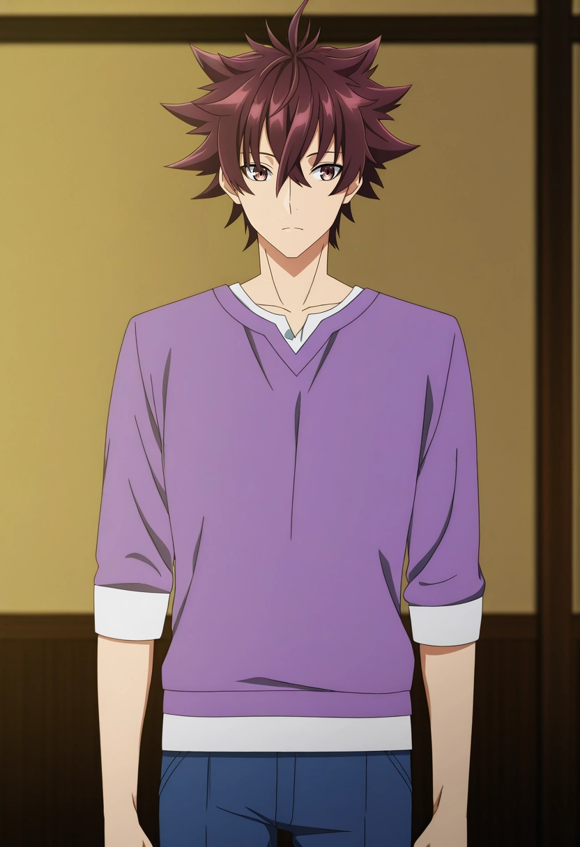 masterpiece, best quality, anime screencap, official style, anime coloring, cowboy shot, 1boy, solo, male focus, <lora:yuuya_tenjou_ilxl:0.94>, yuuya_tenjou, brown hair, brown eyes, short hair, hair between eyes, spiked hair, bangs, ,