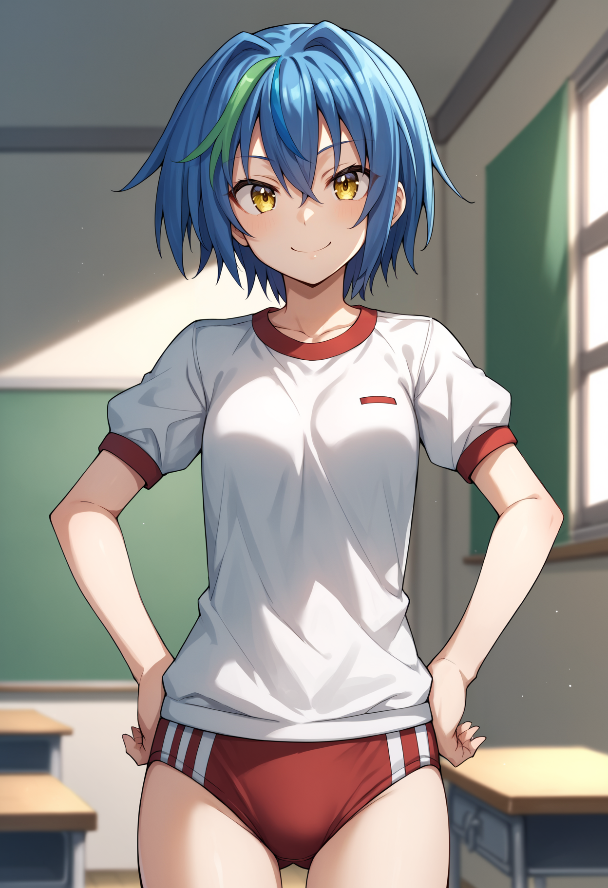 score_9, score_8_up, score_7_up, score_6_up, score_5_up, score_4_up, BREAK, source_anime,
1girl, xenovia, blue hair, streaked hair, hair between eyes, short hair, yellow eyes,
gym uniform, white shirt, red buruma, 
smile, hands on hips, standing, solo, looking at viewer, indoors, classroom background <lora:XenoviaXL:1>