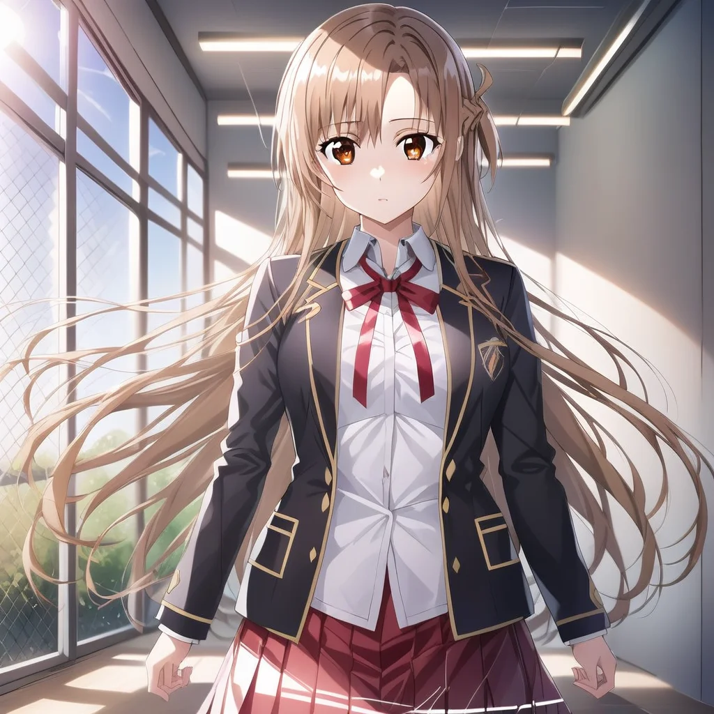 asuna yuuki, long hair, brown hair, (brown eyes:2), BREAK skirt, shirt, long sleeves, ribbon, school uniform, jacket, white shirt, red ribbon, black jacket, neck ribbon, BREAK indoors, school, sun, sky, BREAK looking at viewer, (cowboy shot:1.5), BREAK (masterpiece:1.2), best quality, high resolution, unity 8k wallpaper, (illustration:0.8), (beautiful detailed eyes:1.6), extremely detailed face, perfect lighting, extremely detailed CG