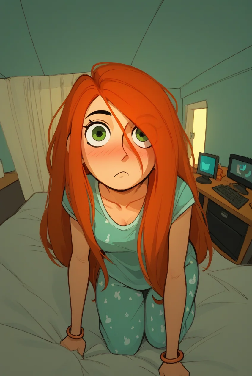 a neets bedroom, computers and weeb stuff everywhere, OverallDetail, BREAK 1girl, redhead, kim possible, <lora:sdxl_Kim_Possible:1>, <lora:sdxl_Fisheye_view:0.6>
backlighting 32k
blush 2.8M
bracelet 181k
close-up 43k
collarbone 744k
fisheye 4.9k
jewelry 987k
long hair 4.1M
looking at viewer 3.1M
on bed 102k
pajamas 25k
pants 376k
short sleeves 580k
solo 4.7M
staring 4.5k, score_9, score_8_up, score_7_up, score_6_up, score_5_up, score_4_up