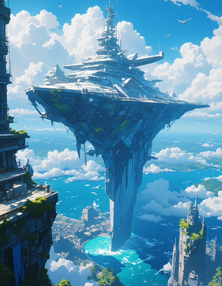 <lora:SW_Minis_7fluxc:1> above city and lakes, blue, day, epic scale, fantasy, huge angular design mothership, illuminated, kanji, marble, rough sea, t9, from side