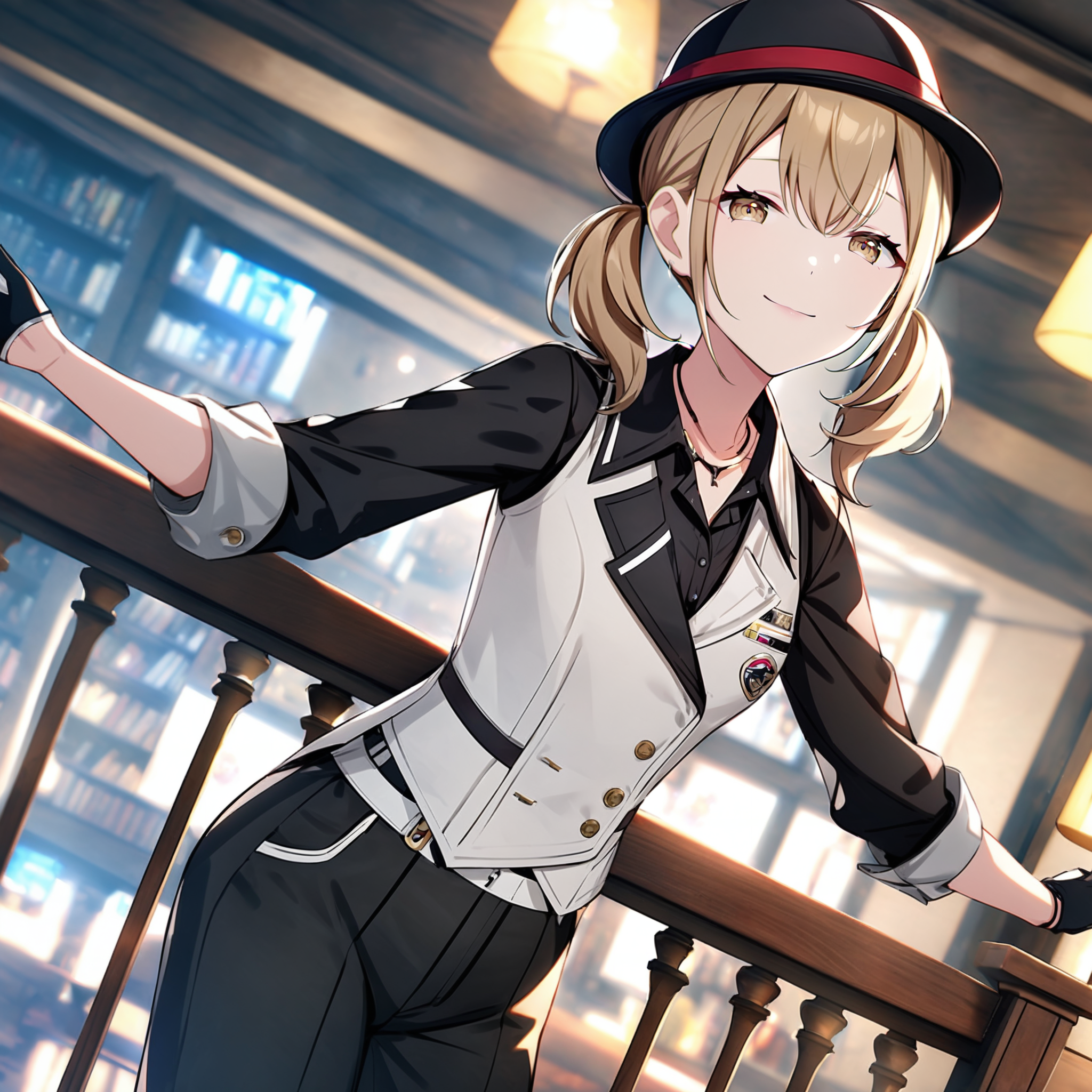 1girl, azusawa kohane, project sekai, masterpiece, very aesthetic, absurdres, nijijourney stylea, 
danceofzeal, low twintails, blonde short hair, beige eyes, hair between eyes, sidelocks, half-closed eyes, four fingers and thumb,
(looking at viewer:1.4), light smile, standing, head tilt, (legs apart:1.2), finger to mouth, index finger raised, dutch angle, BREAK
red breast, black headwear, black gloves, necklace, black shirt, half gloves, collared shirt, white vest, black pants, long sleeves, bowler hat, sleeves rolled up, fedora, buttons, sleeve cuffs, hair tie, pendant, pocket, wing collar, red ribbon, 
New York, indoors, railing, ceiling light, blurry, blurry background, ceiling, depth of field, light, lamp, backlighting, bookshelf, window, lights, night, building, stairs, book, 
  <lora:sdxl-vbs-DanceOfZeal01:0.85:lbw=0,0,0.2,0.2,0,0.4,0.4,0,0.8,0.8,0,0,0,0.8,0.8,0.6,0.8,0.0,0.0,0.0,0,0,0,0,0,0>