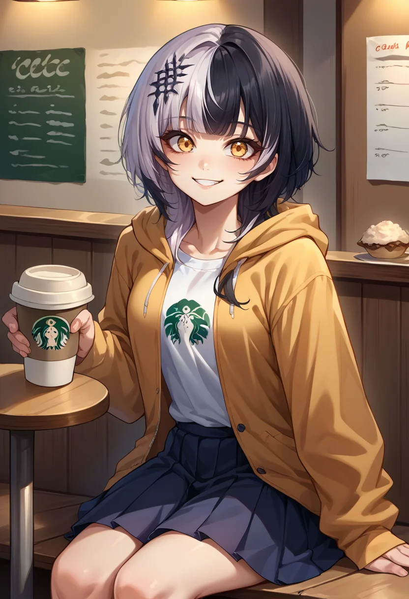 score_9, score_8_up, source_anime, 1girl, solo, ShioriNovella, split-color hair, white hair, black hair, yellow eyes, hair ornament, sitting, coffee shop, hoodie, pleated skirt, smile, <lora:ChamShioriNovellaPonyXLCame-000008:1>