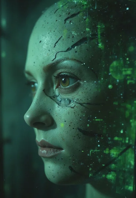 A close-up shows a woman appearing on an ancient, dystopian display screen, her figure now more digital, with a surreal, ethereal presence. Half organic and half synthetic, her form is composed of pixelated fragments that flicker and glitch, as if caught between realities. The synthetic side is no longer just a grid but an intricate web of glowing neon circuits, shifting and pulsating in a slow, deliberate pattern that reflects her age and wisdom. Her human side has transformed into a more aged, weathered version, with deep lines etched into her face, and her eyes now hold the weight of countless lifetimes, filled with knowledge and resolve. Her expression remains fierce, but there's a calm, knowing power in it. The screen, cracked and fractured, emits an erratic hum, distorting the image even further, as static lines and digital noise warp her features. The backdrop is a cold, industrial wasteland, faint green neon reflections casting a lifeless glow on the screen. The display is coated in layers of dust and grime, amplifying the decay of technology, as if the woman herself has survived eons of this crumbling world. The scene is deeply unsettling, with her digital essence struggling to maintain coherence amidst the failing technology, creating a haunting, cyberpunk atmosphere.