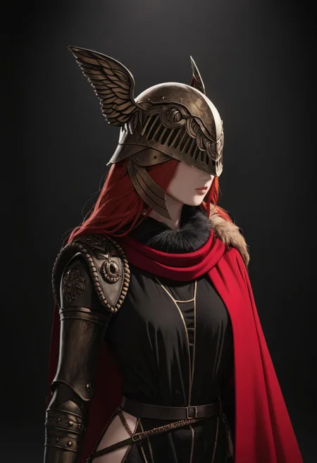 (Masterpiece), high quality, absurdres, BL4CK3STBL4CK, black_theme, matte_color, flat_color, (no_humans), vantablack, art, a woman with red hair, winged helmet, sword, red cape, Black_theme, dark lighting, black background, contrast