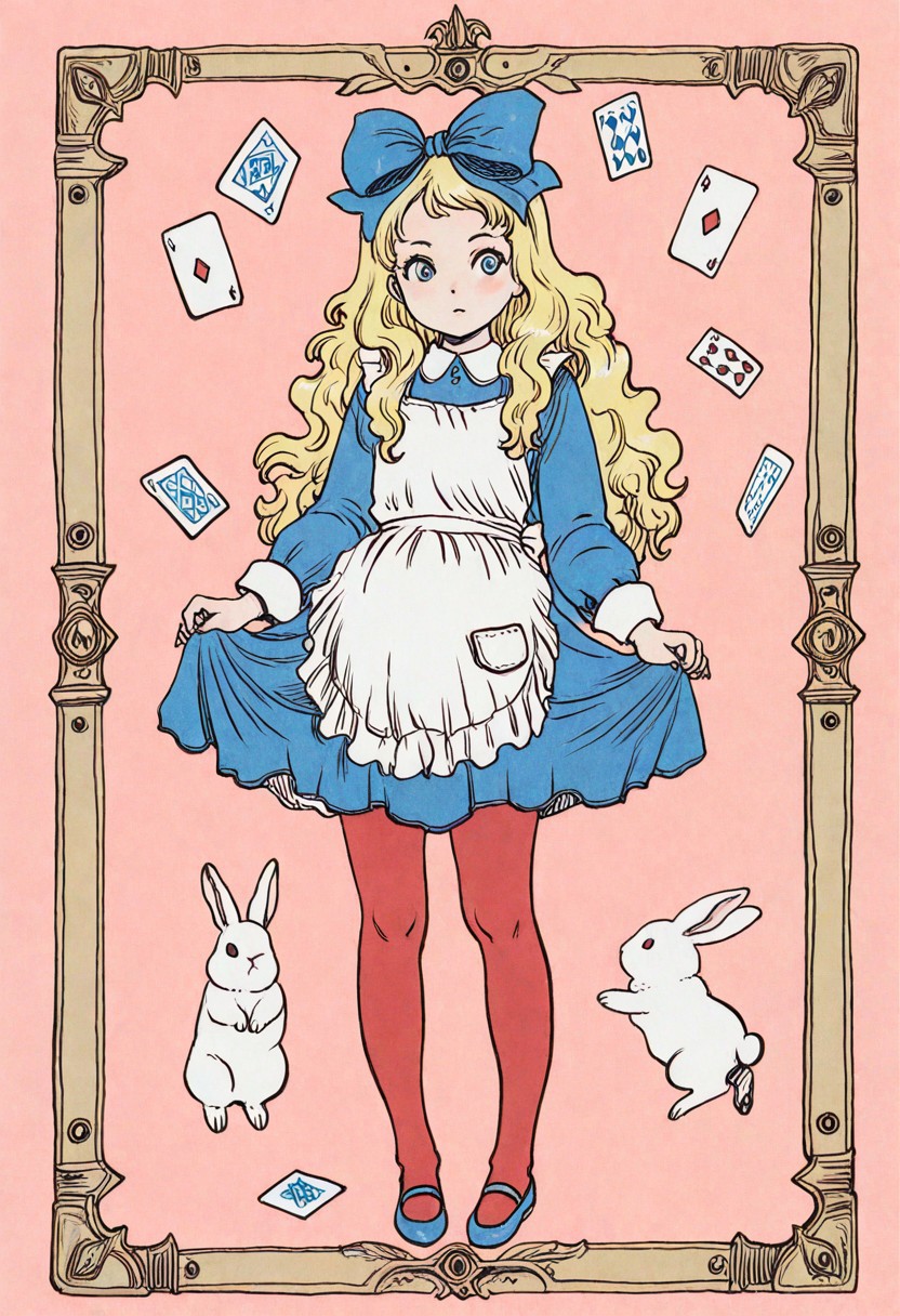 masterpiece, best quality, very aesthetic, absurdres, 
full body, 1girl, fantasy girl, blonde hair, long wavy hair, blue eyes, wearing a blue dress with white apron, big blue bow on head, red tights, blue shoes, holding sides of skirt, surrounded by floating playing cards, whimsical setting, magical atmosphere, standing next to an anthropomorphic white rabbit in a suit, pink background, storybook style, innocent and cute, fantasy art, 
rakugakingu