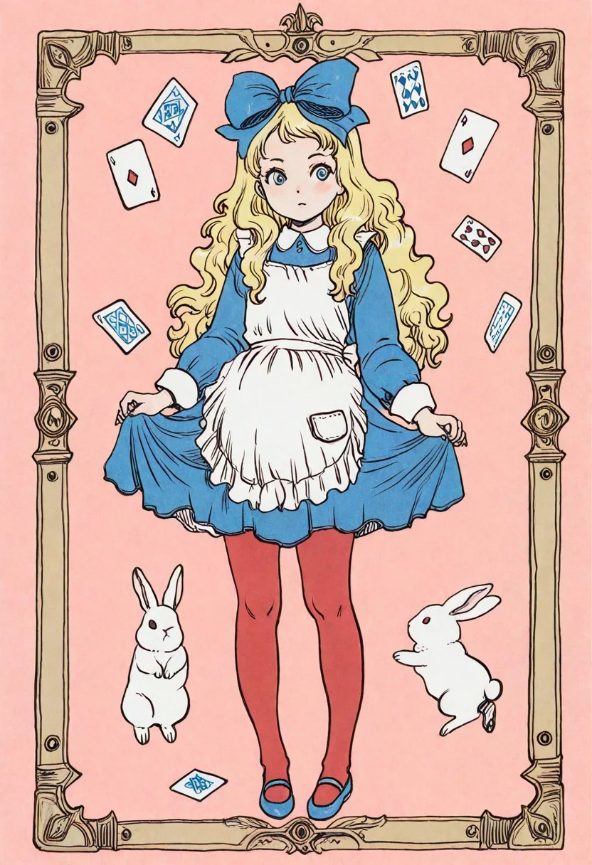 masterpiece, best quality, very aesthetic, absurdres,
full body, 1girl, fantasy girl, blonde hair, long wavy hair, blue eyes, wearing a blue dress with white apron, big blue bow on head, red tights, blue shoes, holding sides of skirt, surrounded by floating playing cards, whimsical setting, magical atmosphere, standing next to an anthropomorphic white rabbit in a suit, pink background, storybook style, innocent and cute, fantasy art,
rakugakingu