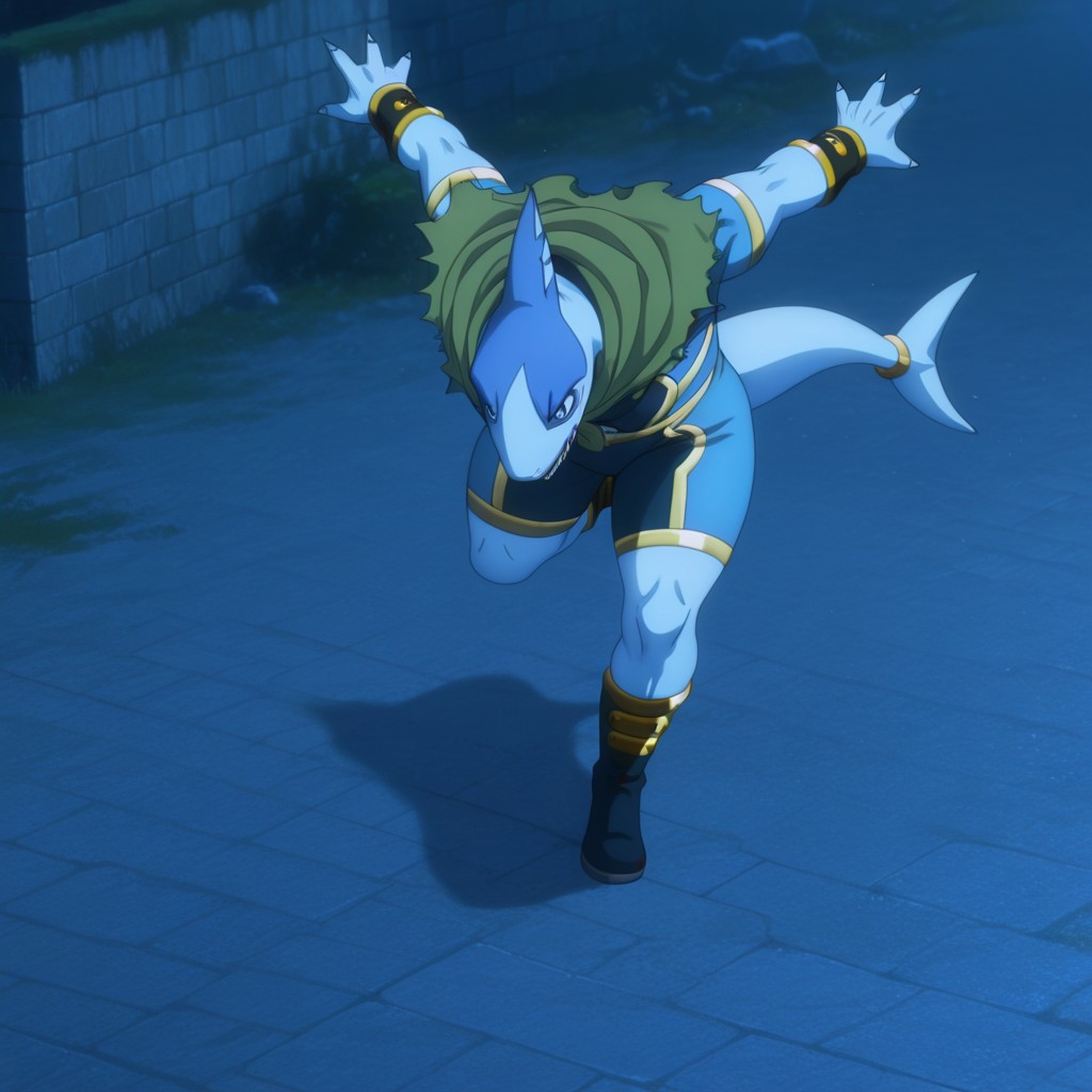 masterpiece, best quality, amazing quality, Arabaslfil, anthro, male, shark, blue skin, blue eyes,  gold trimmed blue bodysuit, gold armbands, gold trimmed dark blue bracers, gold trimmed dark blue boots, green capelet, gold tail ring, solo, outside,  1boy, solo, outstretched arms, webbed fingers