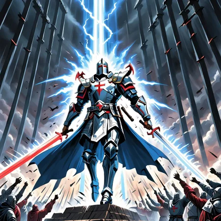 a crusader yells "deus vult" as he ascends into heaven on a beam of light as energy swords fall from the sky,scene from neon genesis crusade,sense of awe,majestic,