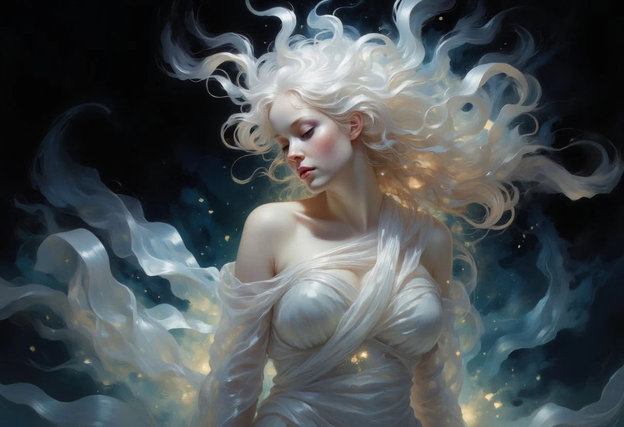ethereal woman enveloped in flowing, translucent fabrics that create a sense of movement and grace, resembling wisps of smoke or mist, the hair cascades dramatically, billowing and merging with the surrounding atmosphere, the color palette consists of soft whites, silvers, and pale blues, creating a serene and mystical ambience, the background is dark to enhance the luminosity of the figure, achieving a hyperrealistic aesthetic with intricate details on the fabric and hair, capturing the interplay of light and shadows, evoking themes of mystery and otherworldliness.