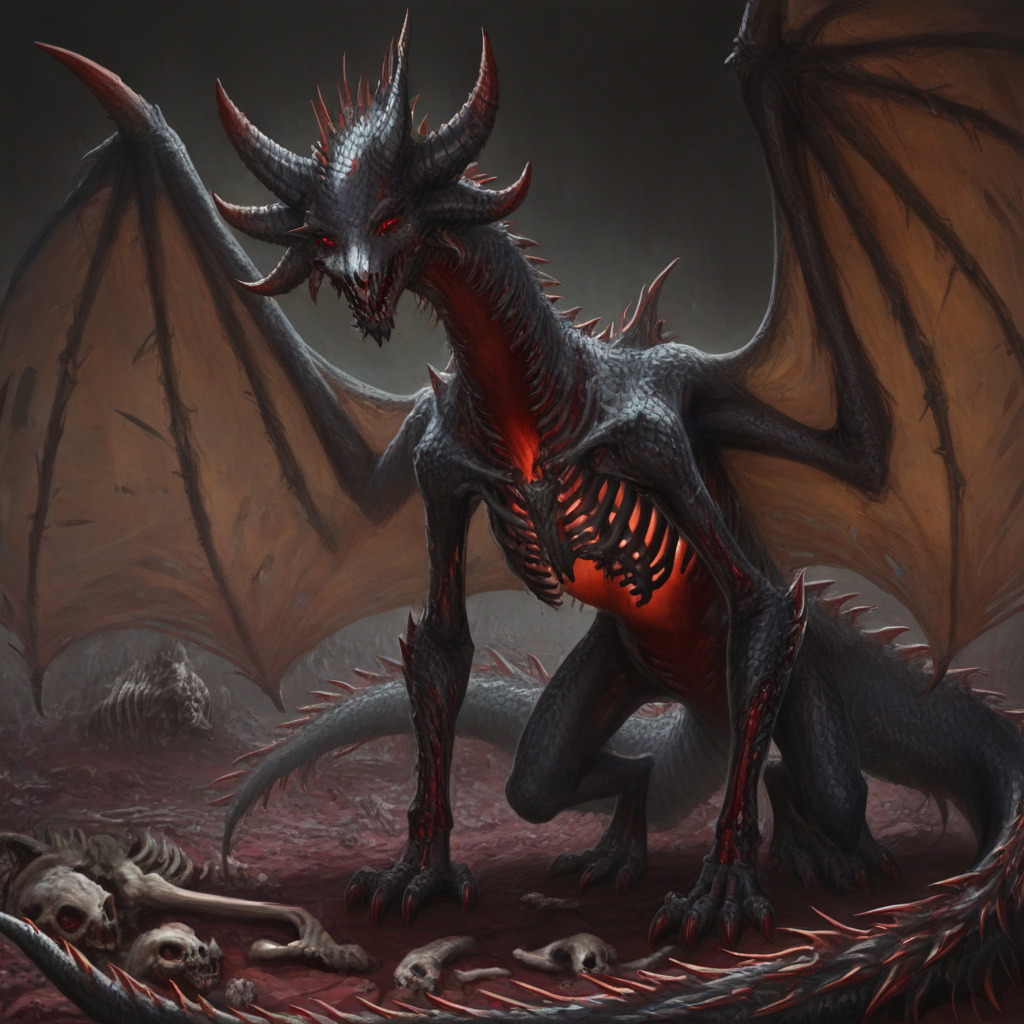 masterpiece, best quality, newest, absurdres, highres, DRALV1.0, undead dragon, undead, skeleton, bones, monster, no humans, dragon, wings, tail, wings, dragon wings, dragon horns, horns, multiple horns, black scales, red eyes, black dragon, eldrich, eldrich horror, eldrich abomination, skeleton, bones, ribs,