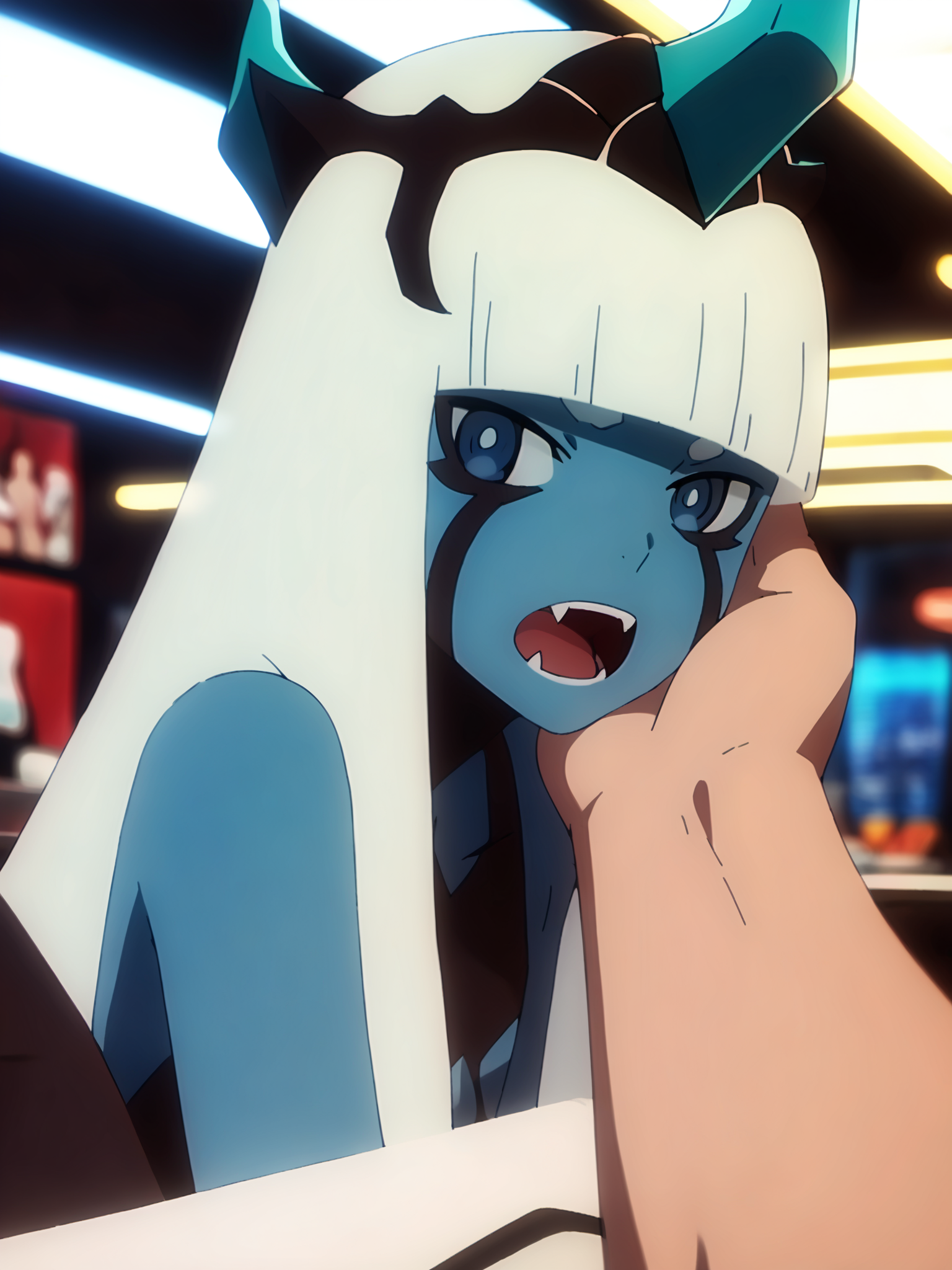 <lora:happy_tentacle-001-v0.5-000010:1.1>, ht_001, crown, colored skin, blue eyes, white hair, very long hair, body markings , upper body, 1girl, (petite:1.2), solo focus, screaming, fangs, (looking at viewer:1.1), indoors, restaurant, table, (people:1.2), on lap , sidelighting, (depth of field:0.8), , score_9, score_8_up, score_7_up, score_6_up, score_5_up, score_4_up,