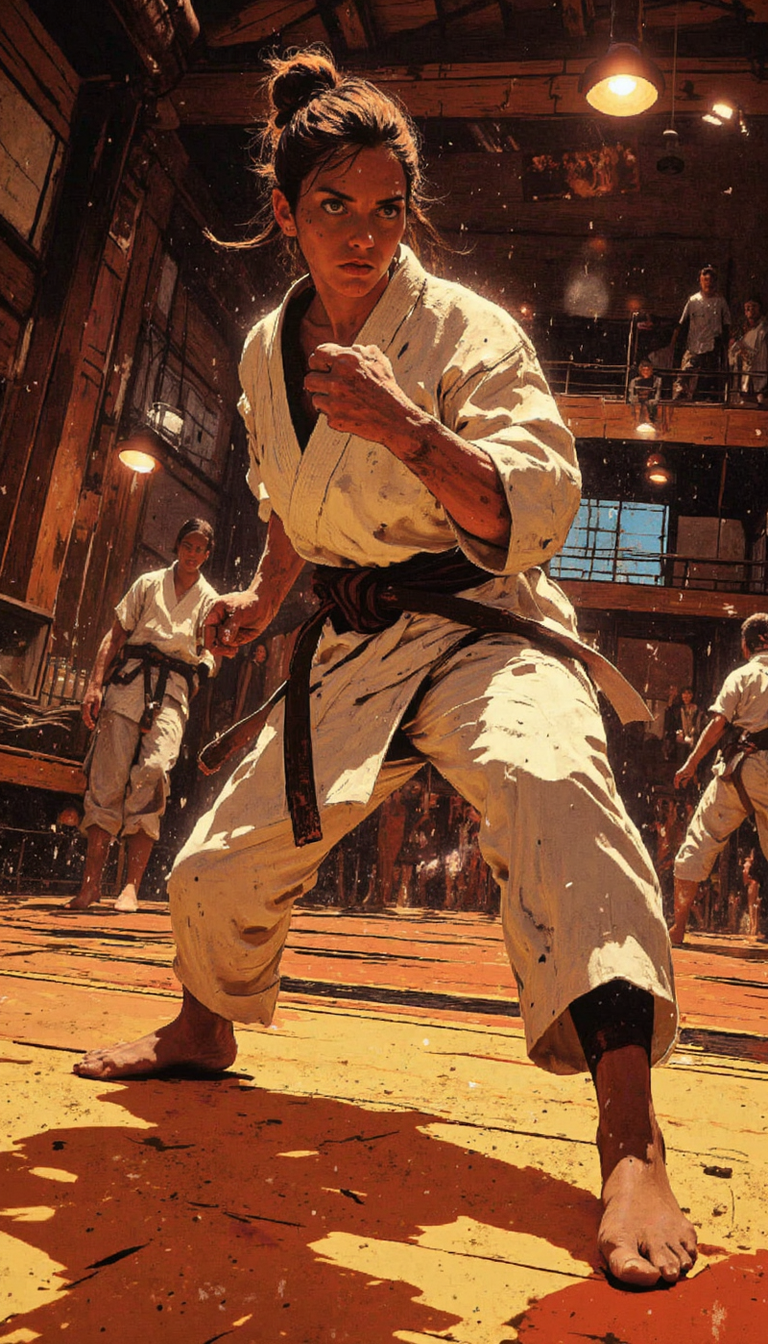 crayon,glow, A female martial artist, poised in a dynamic three-quarter stance on a polished wooden floor. Her gi, a pristine white, contrasts sharply with her dark brown belt. The lighting, evocative of an indoor training hall, bathes the scene in a warm, inviting glow.  Focus on the woman's intense concentration, her body a study in controlled power as if she is about to launch into an attack.  The background should be minimally distracting, blurred to emphasize the solitary focus of her practice. Include faint, indistinguishable figures in the background to suggest a larger dojo setting.  No text is needed.