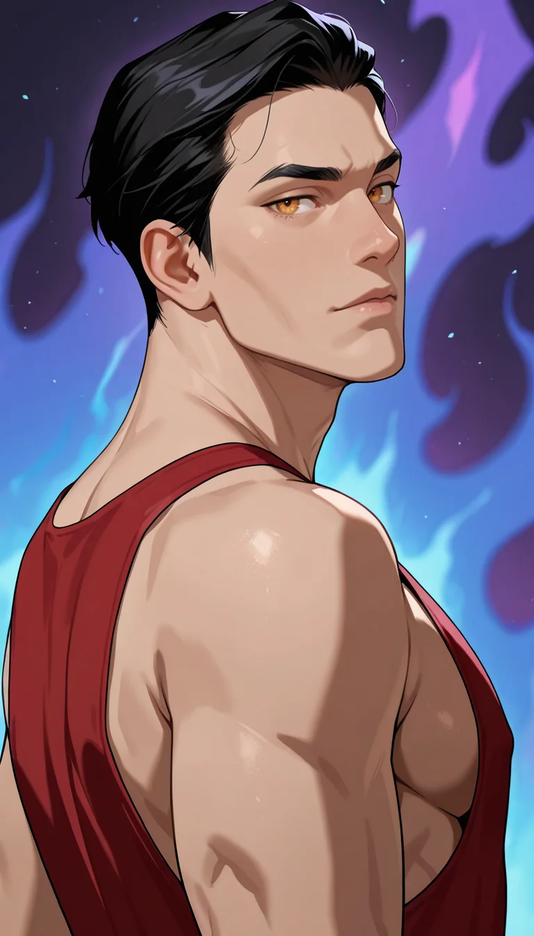 masterpiece,best quality,absurdres,newest,perfect quality,best quality,absolutely eye-catching,detailed background,realistic,from behind,looking back,from side,head tilt,portrait,seductive look,<lora:Legend of Korra - General Iroh - Illustrious:0.7>,geniroh,1boy,adult male,black hair,short hair,slicked back hair,amber eyes,red revealing tank top,side pectoral,
BREAK (purple galaxy background,blue stars,blue flames),