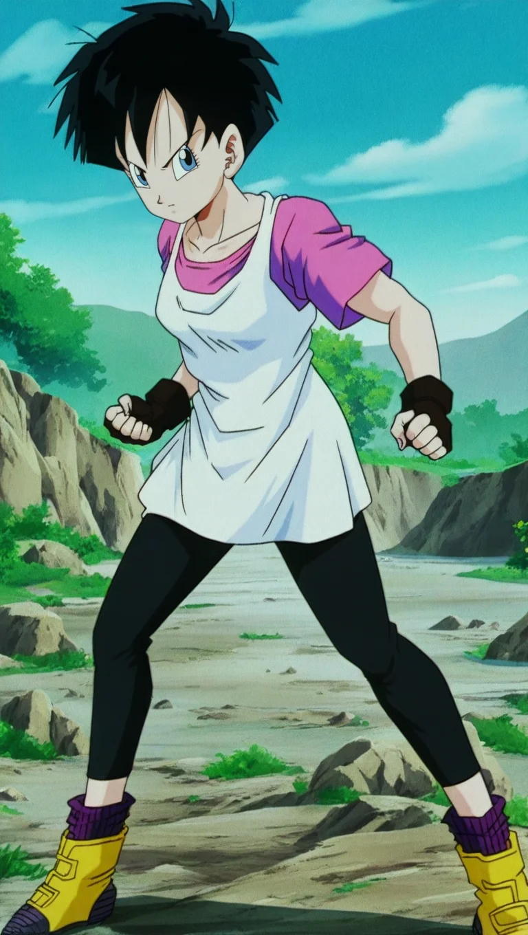 source_anime, masterpiece, best quality, amazing quality, anime screencap, high quality, 8k, absurdres, official style, 1girl, solo, looking at viewer, standing, serious, <lora:Videl_Z_iL:1>, v1d31 z, blue eyes, black hair, short hair, wt outfit, long tank top, pink undershirt, short pants, black gloves, fingerless gloves, yellow ankle boots,