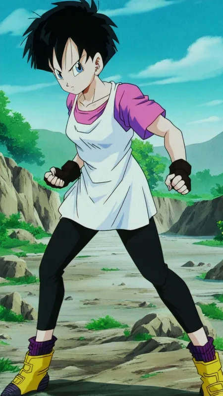 source_anime, masterpiece, best quality, amazing quality, anime screencap, high quality, 8k, absurdres, official style, 1girl, solo, looking at viewer, standing, serious, <lora:Videl_Z_iL:1>, v1d31 z, blue eyes, black hair, short hair, wt outfit, long tank top, pink undershirt, short pants, black gloves, fingerless gloves, yellow ankle boots,