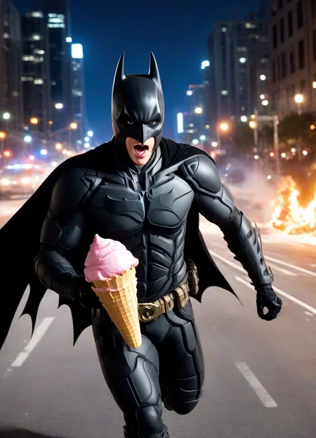 <lora:PE_Batman_DarkKnight:0.8> PEBatman,
Batman running from police officers, (((holding a big ice cream cone in hand))),
motion blur, speed lines, light trails, fire trails,
bank in background, police in background,
masterpiece, high resolution, octance 4k, high detail,