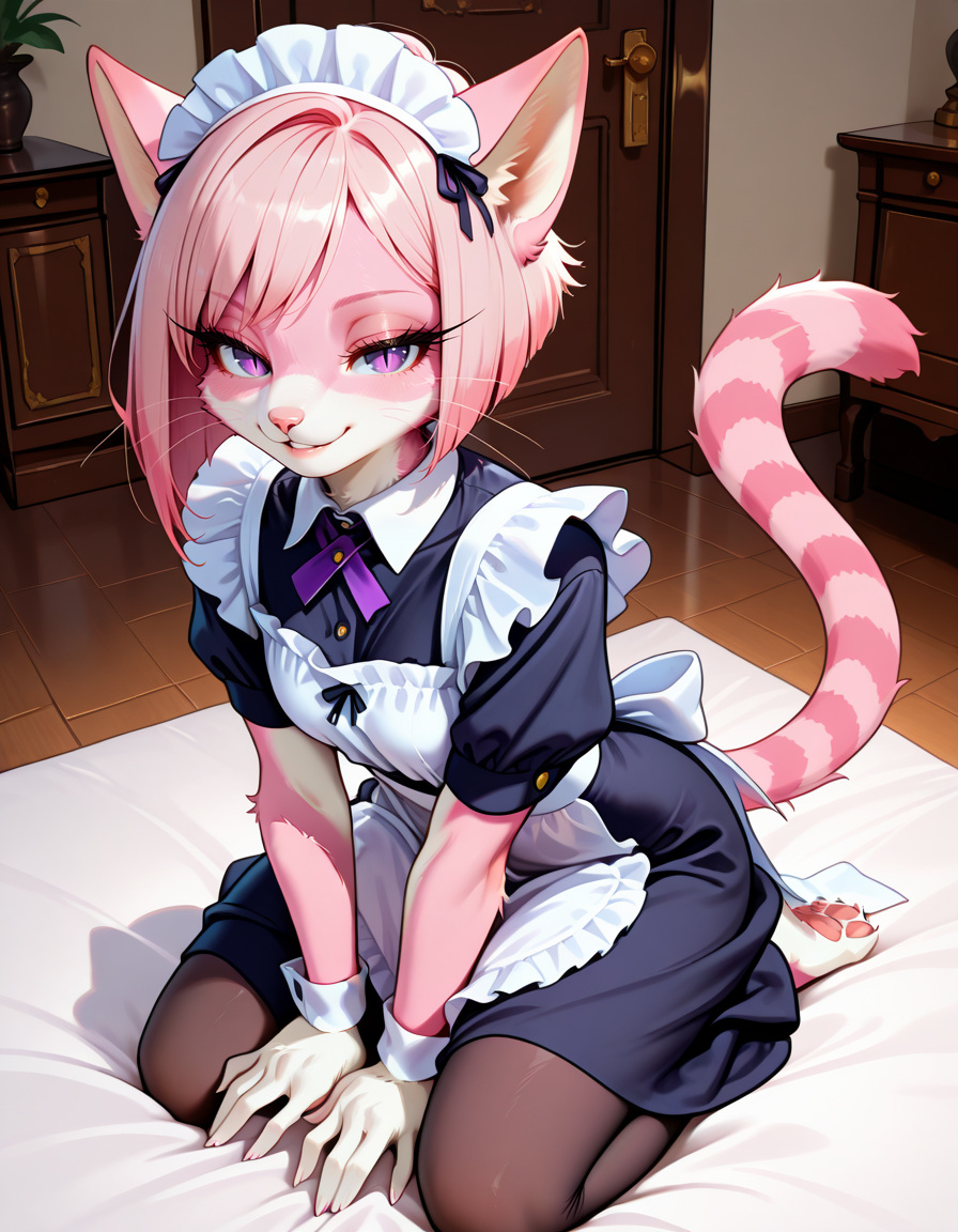 masterpiece, best quality, very aesthetic, absurdres,
indoors, maid, 
full body, posing,
seductive smile, parted lips, long eyelashes,
<lora:CiviChan_v01_NAIXL:1>
CiviChan,1girl,solo,furry,furry female,cat girl,cat ears,short hair,pink hair,purple eyes,slit pupils,snout,animal nose,whiskers,body fur,striped tail,