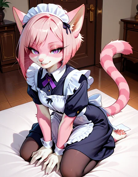 masterpiece, best quality, very aesthetic, absurdres,
indoors, maid,
full body, posing,
seductive smile, parted lips, long eyelashes,
<lora:CiviChan_v01_NAIXL:1>
CiviChan,1girl,solo,furry,furry female,cat girl,cat ears,short hair,pink hair,purple eyes,slit pupils,snout,animal nose,whiskers,body fur,striped tail,