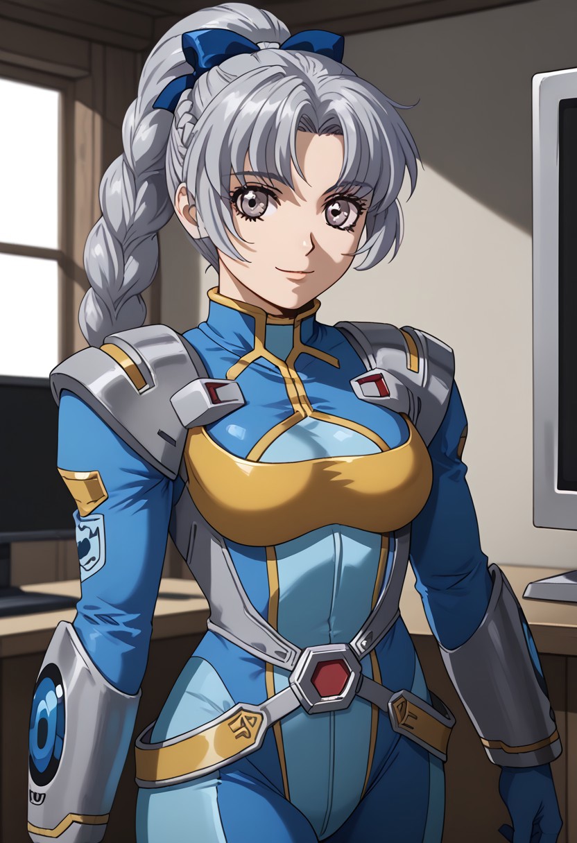 score_9, score_8_up, score_7_up, 1girl, solo, grey hair, grey eyes, braided ponytail, srwbluepilotsuit, blue bodysuit, pauldrons, wrist guards, metal belt, grey armor, helmet removed, no headwear, looking at viewer, slight smile, cowboy shot, indoors, metal wall, metal walls, monitor,