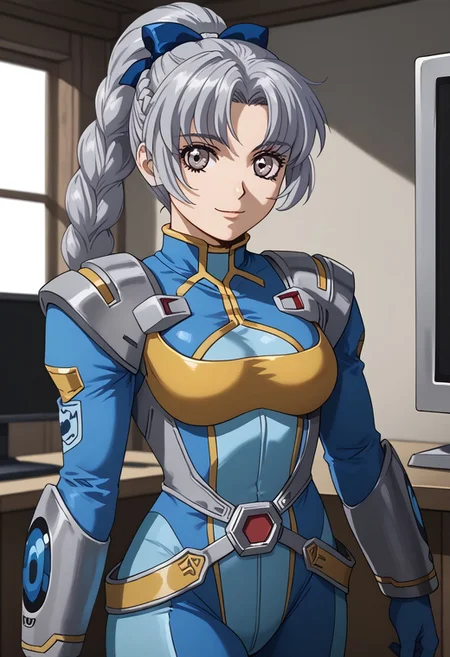 score_9, score_8_up, score_7_up, 1girl, solo, grey hair, grey eyes, braided ponytail, srwbluepilotsuit, blue bodysuit, pauldrons, wrist guards, metal belt, grey armor, helmet removed, no headwear, looking at viewer, slight smile, cowboy shot, indoors, metal wall, metal walls, monitor,