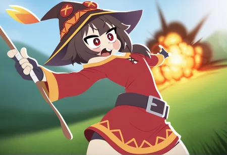 masterpiece,best quality,amazing quality, 1girl, pochi_science, p0ch1, cowboy shot, bokeh, dynamic pose, <lora:pochi_science-000061:0.8> lens flare, megumin, explosion, explosion in the distance, arms up, magic circles, kono subarashii sekai ni shukufuku wo!, hill, grass, outdoors, day, holding wand, hat,