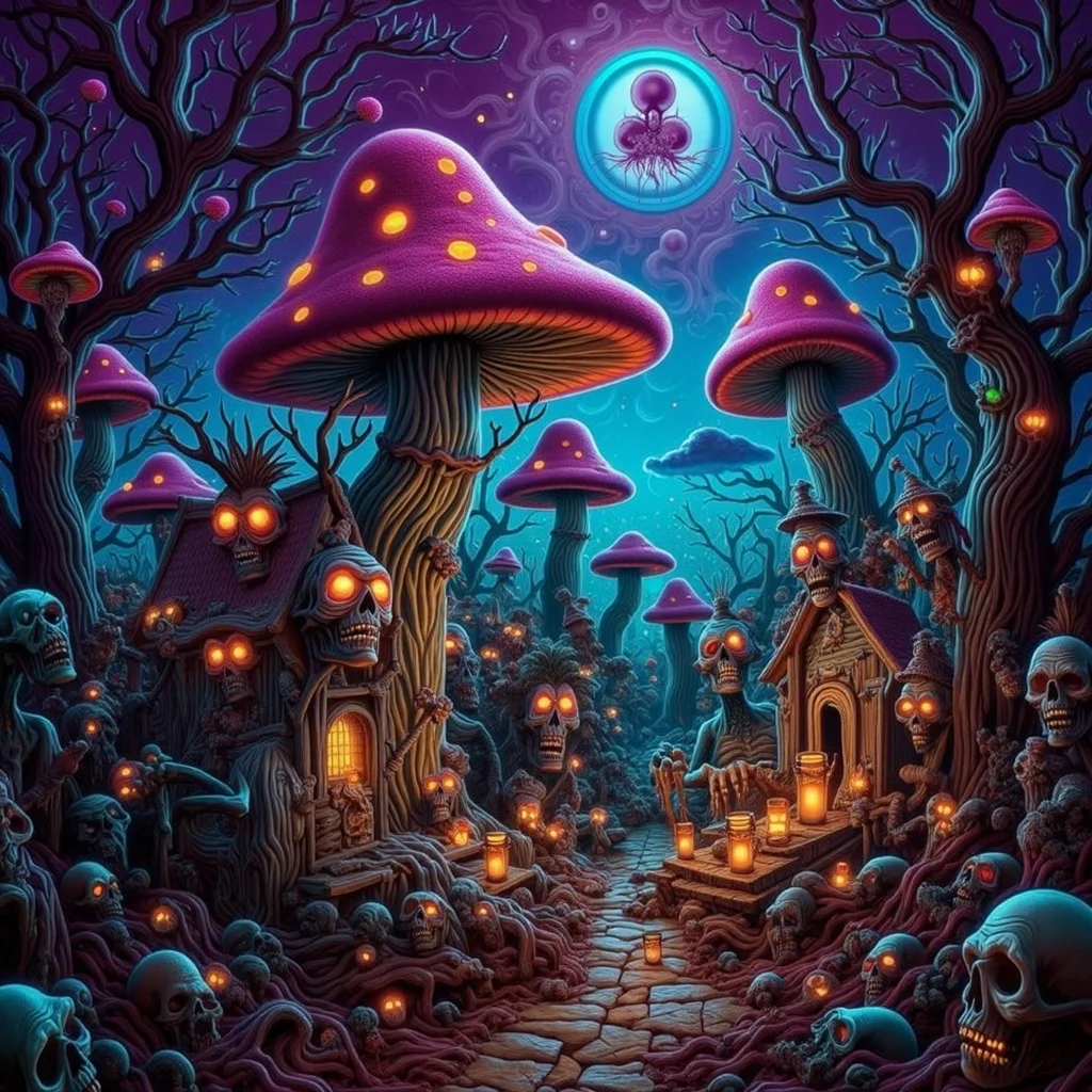 psychedelic style concept art horror-themed Dark Fantasy Art, <lora:Undead Apocalypse v1:1> und34dpsy, a post-apocalyptic commune of hippie zombies living peacefully in giant mushroom houses. Their skin is iridescent and semi-transparent, showing glowing bones. They drink glittery tea and paint each other's faces with cosmic paint. Psychedelic vines sway in sync with the wind, and the clouds morph into animals. One zombie tries to teach a squirrel how to play sitar. The whole scene radiates whimsical undead weirdness., dark, moody, dark fantasy style . eerie, unsettling, dark, spooky, suspenseful, grim, highly detailed . digital artwork, illustrative, painterly, matte painting, highly detailed . vibrant colors, swirling patterns, abstract forms, surreal, trippy