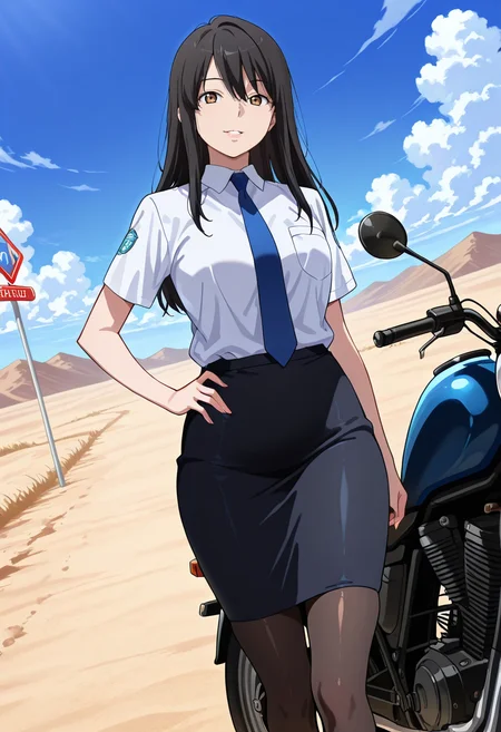masterpiece, best quality, amazing quality, very aesthetic, absurdres, newest, illustration, perfect composition, intricate details, highres, anime coloring, 1girl, solo, yukiww, mature female, brown eyes, black hair, long hair, bangs, hair between eyes, uniform, blue necktie, white collared shirt, breast pocket, short sleeves, black pencil skirt, black pantyhose, <lora:Kaizuka_Yuki_Aldnoah_Zero_ill_v1.1:1>, dutch angle, light smile, parted lips, hand on own hip, looking at viewer, motor vehicle, motorcycle, riding, outdoors, day, desert, sand, road, cloud, mountain, road sign, blue sky, shiny body, shiny skin, skindentation, clear skin, shiny hair, ultra detailed eyes, depth of field, sharp, intricate details, hyperdetailed, ultra-detailed, detailed clothing folds, high contrast, dynamic light