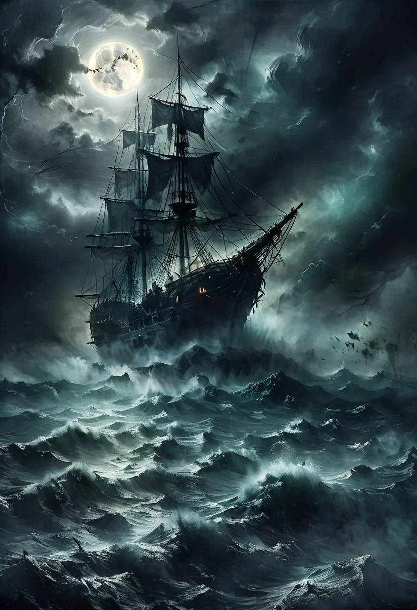 epic picture, ultra detailed illustration, very high quality, 8k, masterpiece, best quality, hyper detailed, (cinematic wide shot) , ultra intricately detailed textures, A dark and eerie ghost pirate ship emerges from the fog, black flag, skull pattern, moon, storm, hurricane, horror, creepy, lightning, greenish light