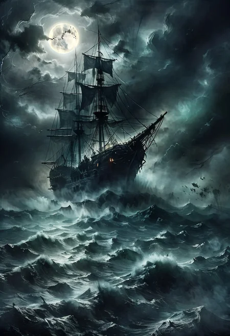 epic picture, ultra detailed illustration, very high quality, 8k, masterpiece, best quality, hyper detailed, (cinematic wide shot) , ultra intricately detailed textures, A dark and eerie ghost pirate ship emerges from the fog, black flag, skull pattern, moon, storm, hurricane, horror, creepy, lightning, greenish light