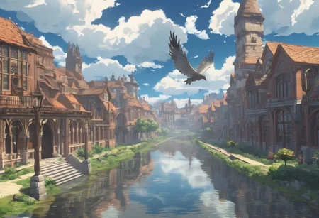 flying through a fantasy city. The buildings made of brick with the art style being that of an old anime. The clouds cast shadows along the land while godrays protrude through them. The bird is flying over a river that cuts along the center of the city with a beautiful reflection. The scene is highly detailed. 4k.hd.