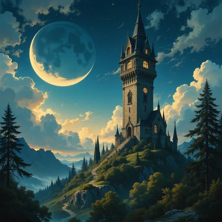 A captivating twilight scene illustration featuring an ancient wizard tower standing tall on a hill. The tall tower, adorned with multiple windows, emits a warm glow, highlighting its intricate architecture and rich history. The hill is covered in lush green trees. A crescent moon graces the sky, casting an subtle ethereal glow on the clouds and trees, while wispy clouds partially obscure its brilliance, adding to the scene's mystique. Twinkling stars dot the sky, creating a celestial tapestry that harmonizes with the moon's radiance. This enchanting artwork captures a serene and peaceful night, where the illuminated wizard tower stands resolute amidst the celestial beauty, creating a cinematic experience.