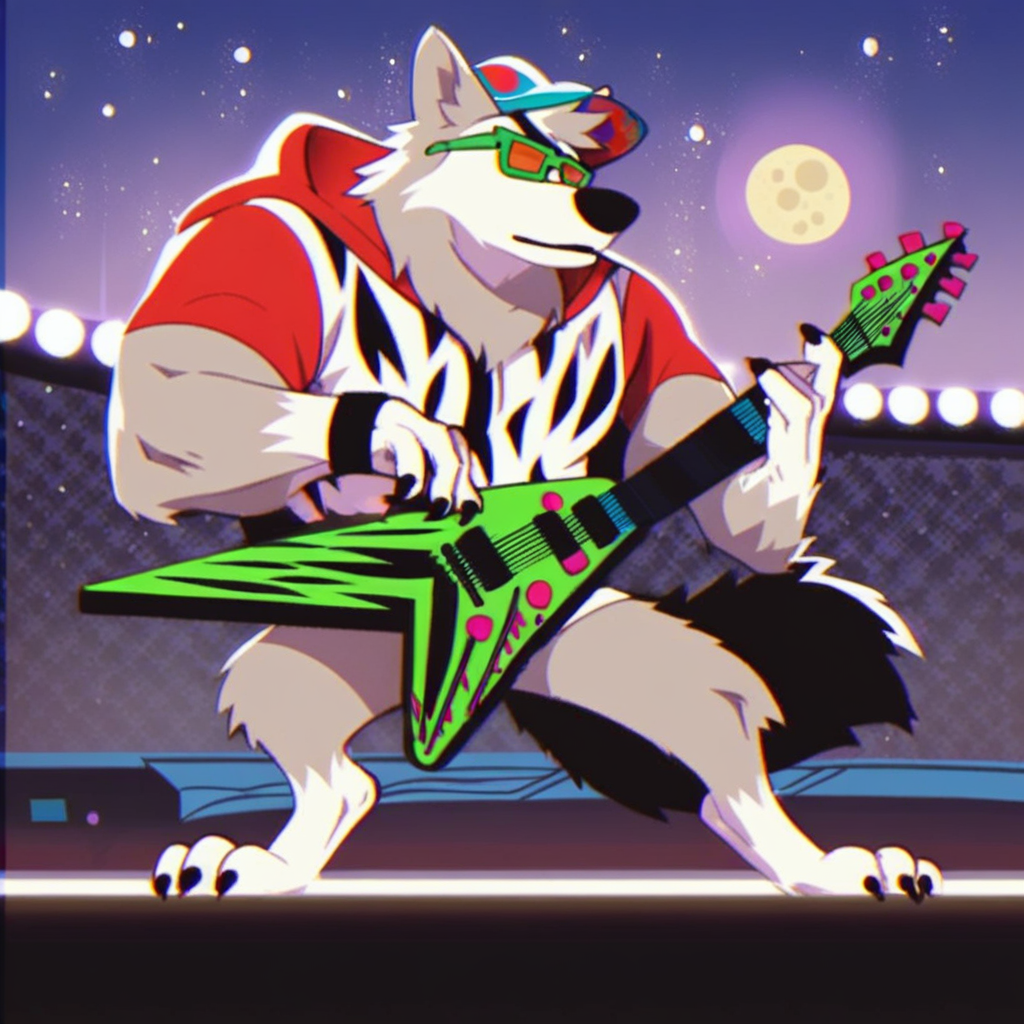 Score_7_up, score_8_up, solo male, wolfthorn, wolf, hat, sunglasses, hooded shirt, full body, playing guitar, electric guitar, playing instrument, stadium setting, spotlights, stars, moon, stage lights, colorful lighting,