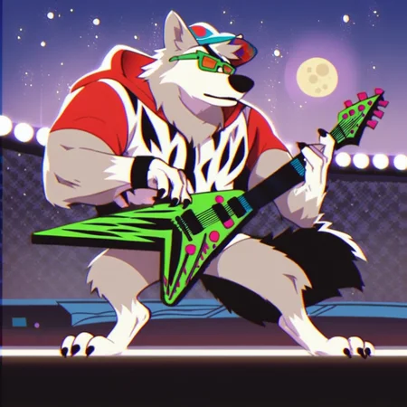Score_7_up, score_8_up, solo male, wolfthorn, wolf, hat, sunglasses, hooded shirt, full body, playing guitar, electric guitar, playing instrument, stadium setting, spotlights, stars, moon, stage lights, colorful lighting,
