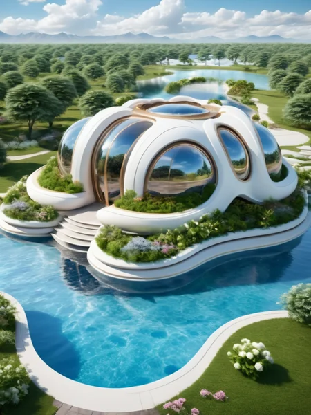 <lora:JJsFuturismStyle_Building_XL_dim128:1>, ((Futurism)),(masterpiece),(high quality), best quality, real,(realistic), super detailed, (full detail), (building),8k,scenery, sky, outdoors, cloud,  water pool, blue sky, water fall,  reflection, flower,tree,bush,grass,