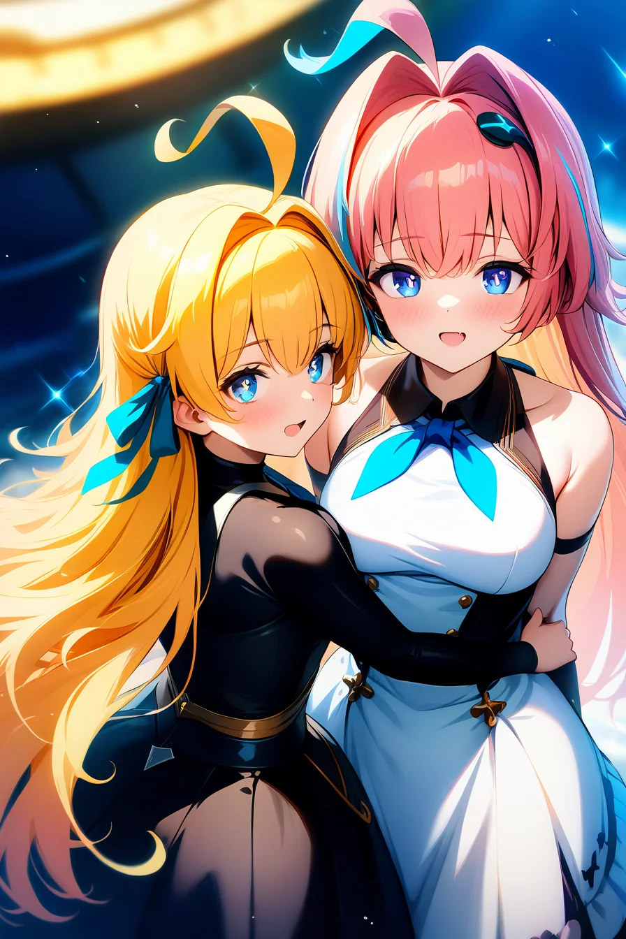 2girls,
<lora:llmy>,1girl,blonde hair,streaked hair,blue eyes,ahoge,long hair,
<lora:lishenna:0.6>,1girl,pink hair,blue eyes,dress,hair ribbon,, ((masterpiece)), ((high quality))best quality, (extremely detailed CG:1.2),