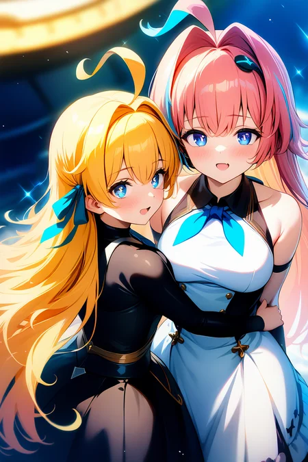 2girls,
<lora:llmy>,1girl,blonde hair,streaked hair,blue eyes,ahoge,long hair,
<lora:lishenna:0.6>,1girl,pink hair,blue eyes,dress,hair ribbon,, ((masterpiece)), ((high quality))best quality, (extremely detailed CG:1.2),