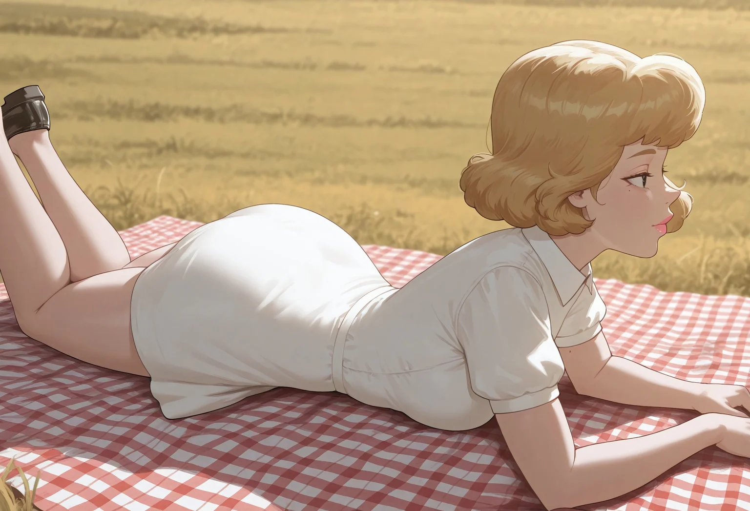 unholy-aesthetic, masterpiece, best quality, amazing quality, absurdres,
laur3n,
1girl, solo, blonde hair, short hair, pink lips, mole, medium breasts,
white dress, collared dress, black footwear, penny loafers,
lying, on stomach, on blankets, picnic, grassland, outdoor, from side,