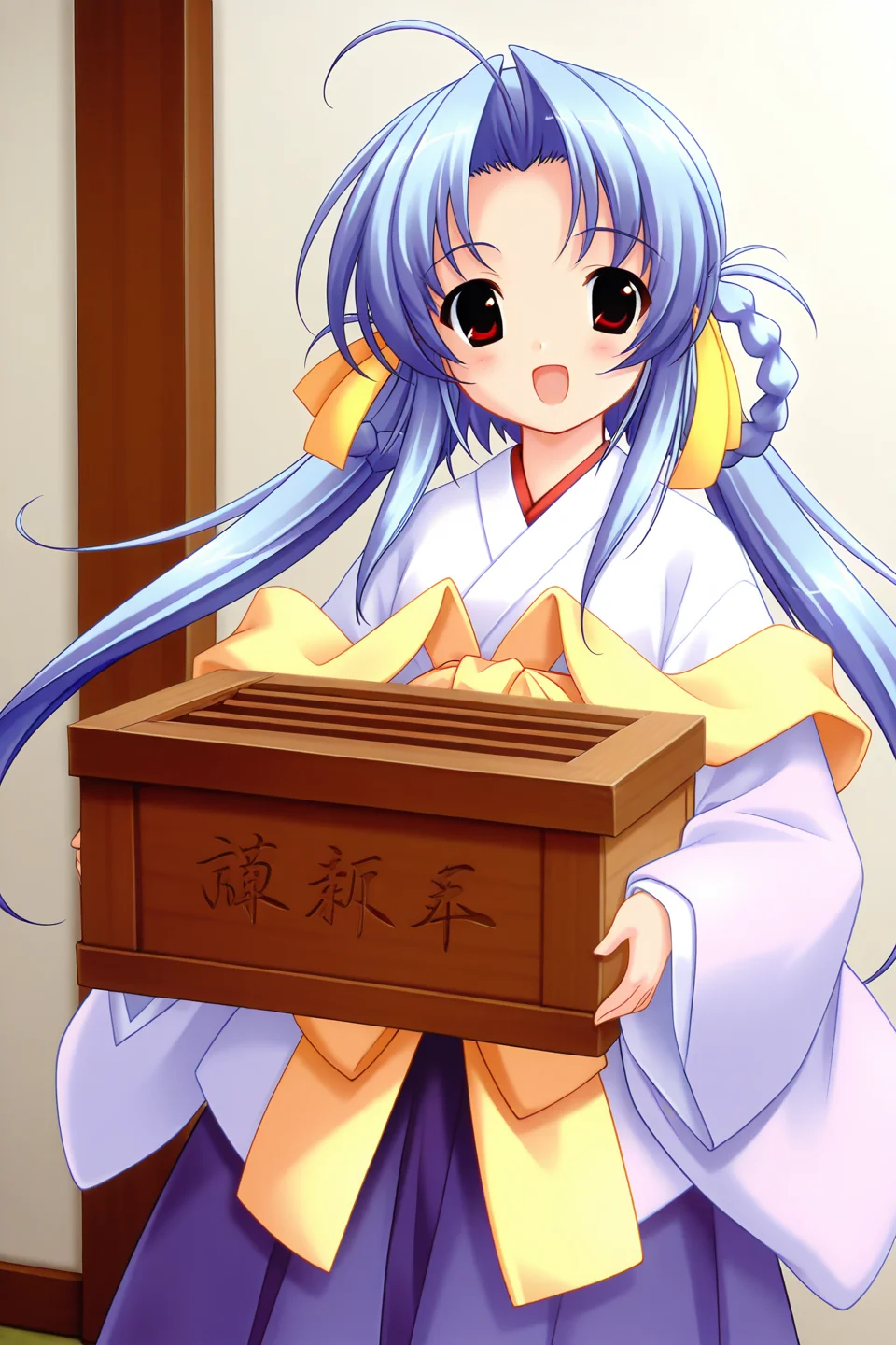 masterpiece, best quality, absurdres, official art, official style, rating general BREAK <lora:yunoha_IL_v1-2:0.7>, yunoha, 1girl, solo, red eyes, blue hair, very long hair, parted bangs, hair intakes, twintails, twin braids, hair rings, ahoge, hair ribbon, yellow ribbon, flat chest, japanese clothes, miko, white kimono, light purple kimono, layered dress, long sleeves, wide sleeves, yellow sash, yellow bow, arm ribbon, purple hakama, hakama skirt, open mouth, blush, happy, :d, donation box, holding box, cowboy shot, standing, front view, straight-on
