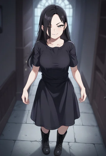 Expressiveh, score_9, score_8_up, score_7_up, source_anime, <lora:GreatM8_Style_XL_Pony_Revision:1>, greatm8 style, resident evil, Eveline, pale skin, 1girl, solo, smug, expressive eyes, grey eyes, black hair, long hair, hair over one eye, black dress, short sleeves, boots, perky breasts, petite, skinny body, (standing, sexy pose), (haunted house, basement, spooky, nighttime)