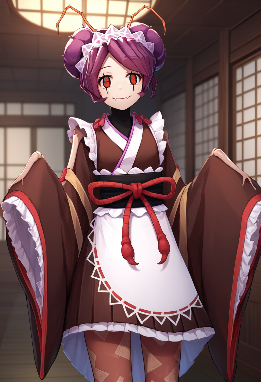 score_9, score_8_up, score_7_up, source_anime, solo, 1girl, entomazeta, monster girl, arthropod girl, skin fangs, smile, looking at viewer, standing, purple hair, double bun, maid headdress, antennae, japanese clothes, ofuda on clothes, frills, brown kimono, sleeves past fingers, wide sleeves, sash, obi, white apron, brown pantyhose, indoors <lora:ol_entomazeta_ponyXL:1>