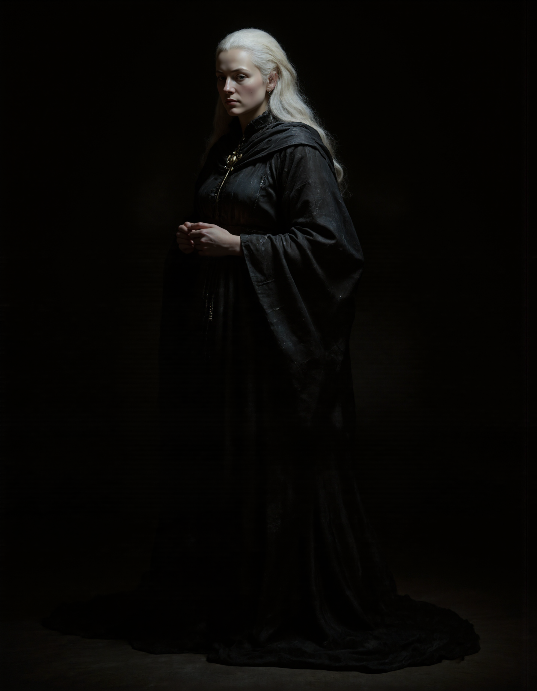Rembrandt style A hyperrealistic full-body portrait of an ancient, ageless woman with a terrifying yet mesmerizing beauty. She stands in a solemn pose, draped in tattered but majestic dark robes that flow like liquid shadow. Her pale, porcelain-like skin is stretched over a sharp, sculptural frame; her face lined with centuries, yet eerily perfect. Deep-set eyes glow faintly from the shadows, holding unfathomable secrets. Flowing silver-white hair cascades down her back, blending into a background of oppressive darkness. Strong chiaroscuro lighting emphasizes every detail â her expression calm, otherworldly, and deeply unsettling. Atmosphere: heavy with dread and reverence. Style: photorealism, cinematic lighting, dark fantasy., <lora:MysticXXX-V7:1>, <lora:new:1> . Baroque, chiaroscuro, realistic, emotional, "flat lighting