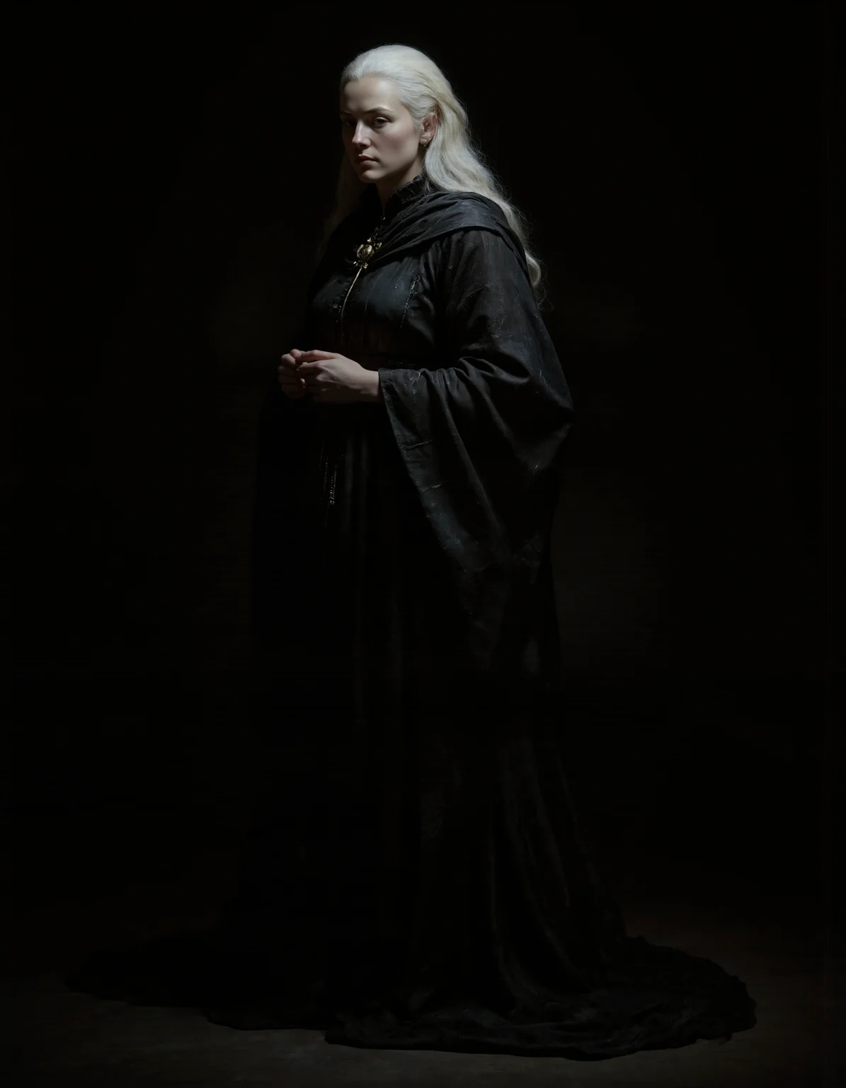 Rembrandt style A hyperrealistic full-body portrait of an ancient, ageless woman with a terrifying yet mesmerizing beauty. She stands in a solemn pose, draped in tattered but majestic dark robes that flow like liquid shadow. Her pale, porcelain-like skin is stretched over a sharp, sculptural frame; her face lined with centuries, yet eerily perfect. Deep-set eyes glow faintly from the shadows, holding unfathomable secrets. Flowing silver-white hair cascades down her back, blending into a background of oppressive darkness. Strong chiaroscuro lighting emphasizes every detail â her expression calm, otherworldly, and deeply unsettling. Atmosphere: heavy with dread and reverence. Style: photorealism, cinematic lighting, dark fantasy., <lora:MysticXXX-V7:1>, <lora:new:1> . Baroque, chiaroscuro, realistic, emotional, "flat lighting